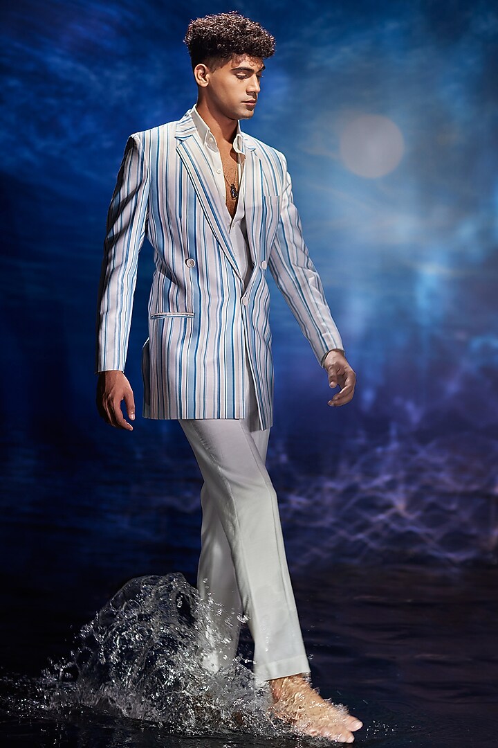 Azure Blue White Italian Summer Twill Blazer by Eleven Brothers