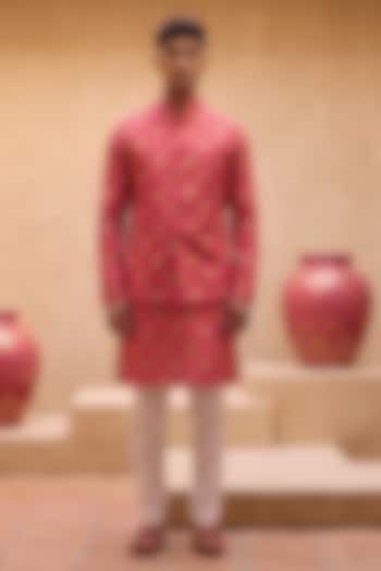 Pink Silk Printed Nehru Jacket Set by Eleven Brothers at Pernia's Pop Up Shop