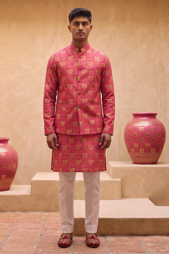 Pink Silk Printed Nehru Jacket Set by Eleven Brothers at Pernia's Pop Up Shop