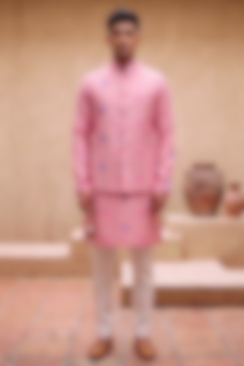 Pink Silk Printed Bandhani Nehru Jacket Set by Eleven Brothers at Pernia's Pop Up Shop