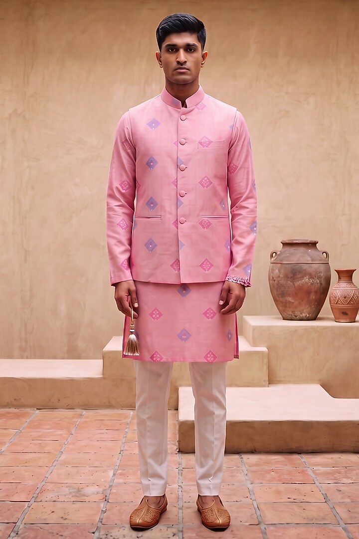 Pink Silk Printed Bandhani Nehru Jacket Set by Eleven Brothers at Pernia's Pop Up Shop