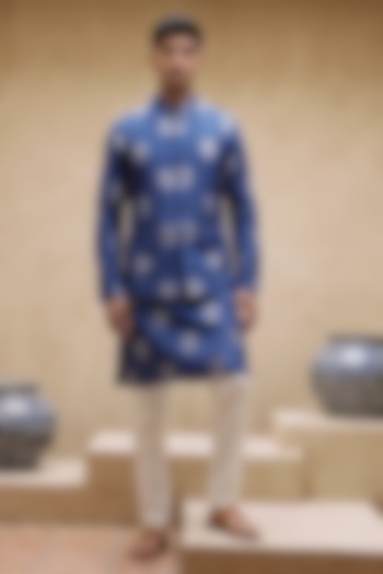 Blue Silk Printed Bandhani Nehru Jacket Set by Eleven Brothers at Pernia's Pop Up Shop