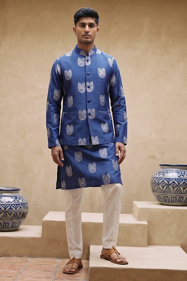 Blue Silk Printed Bandhani Nehru Jacket Set by Eleven Brothers at Pernia's Pop Up Shop