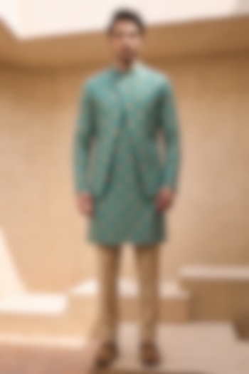 Green Silk Printed Nehru Jacket Set by Eleven Brothers at Pernia's Pop Up Shop