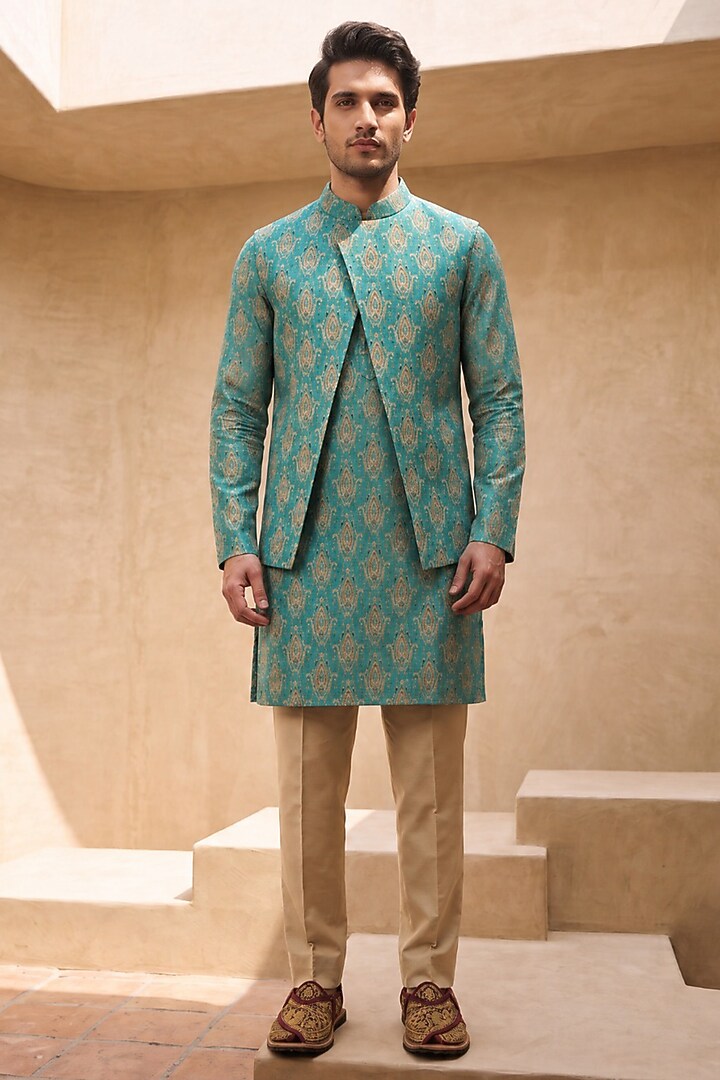 Green Silk Printed Nehru Jacket Set by Eleven Brothers at Pernia's Pop Up Shop
