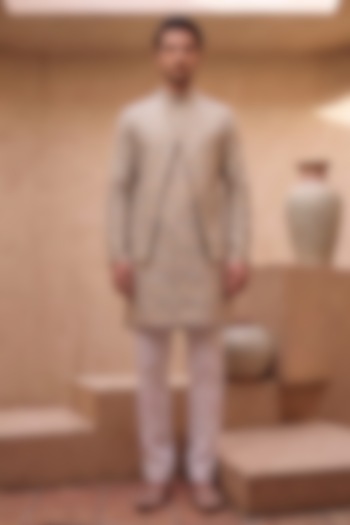 Grey Silk Printed Nehru Jacket Set by Eleven Brothers at Pernia's Pop Up Shop