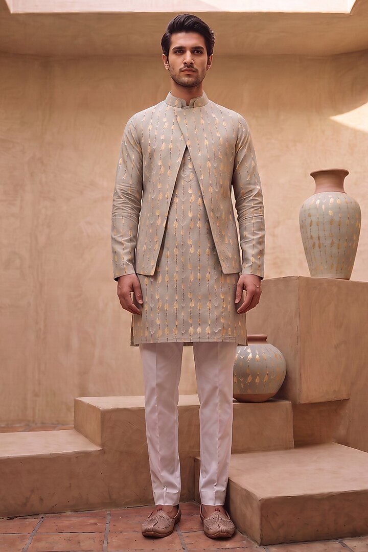 Grey Silk Printed Nehru Jacket Set by Eleven Brothers at Pernia's Pop Up Shop
