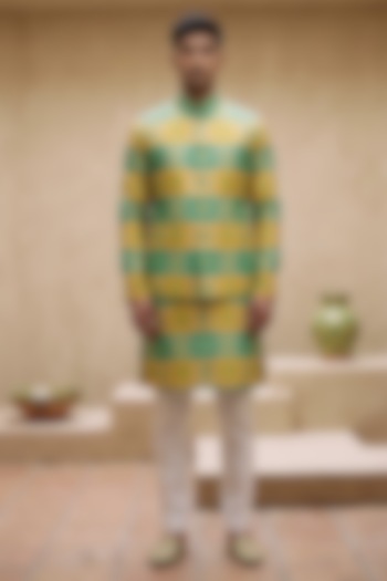 Yellow Silk Printed Nehru Jacket Set by Eleven Brothers at Pernia's Pop Up Shop