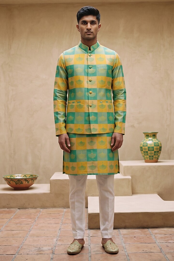 Yellow Silk Printed Nehru Jacket Set by Eleven Brothers at Pernia's Pop Up Shop