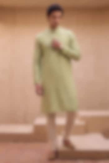 Green Silk Georgette Motifs Embroidered Kurta Set by Eleven Brothers at Pernia's Pop Up Shop