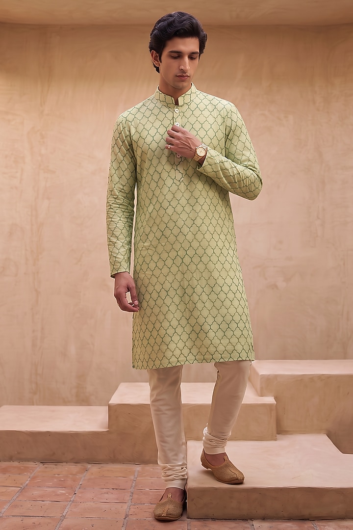 Green Silk Georgette Motifs Embroidered Kurta Set by Eleven Brothers at Pernia's Pop Up Shop