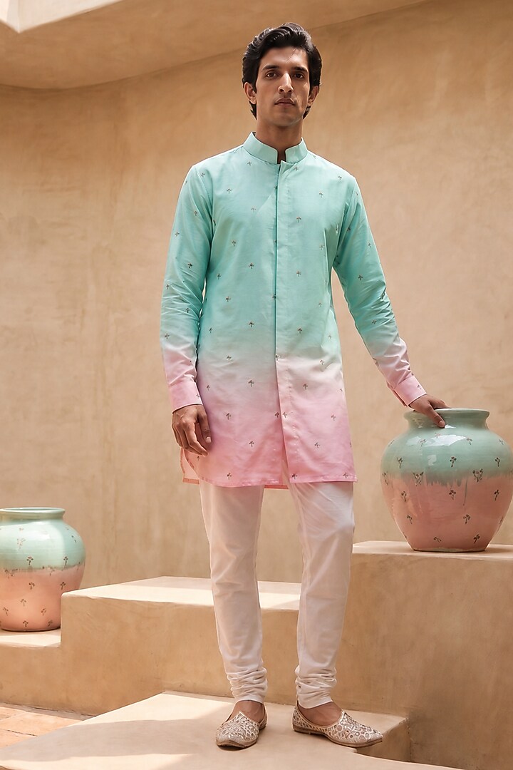 Green Ombre Linen Motifs Embroidered Kurta by Eleven Brothers at Pernia's Pop Up Shop