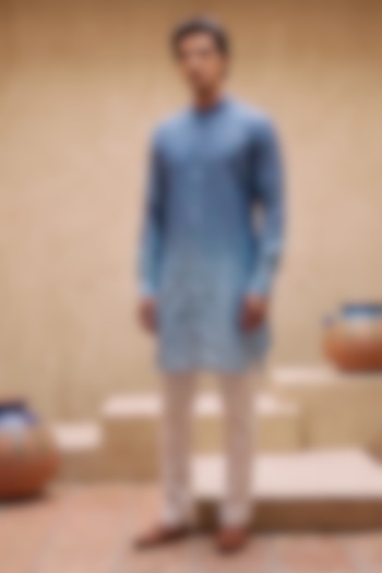 Dark Blue Ombre Linen Motifs Embroidered Kurta by Eleven Brothers at Pernia's Pop Up Shop