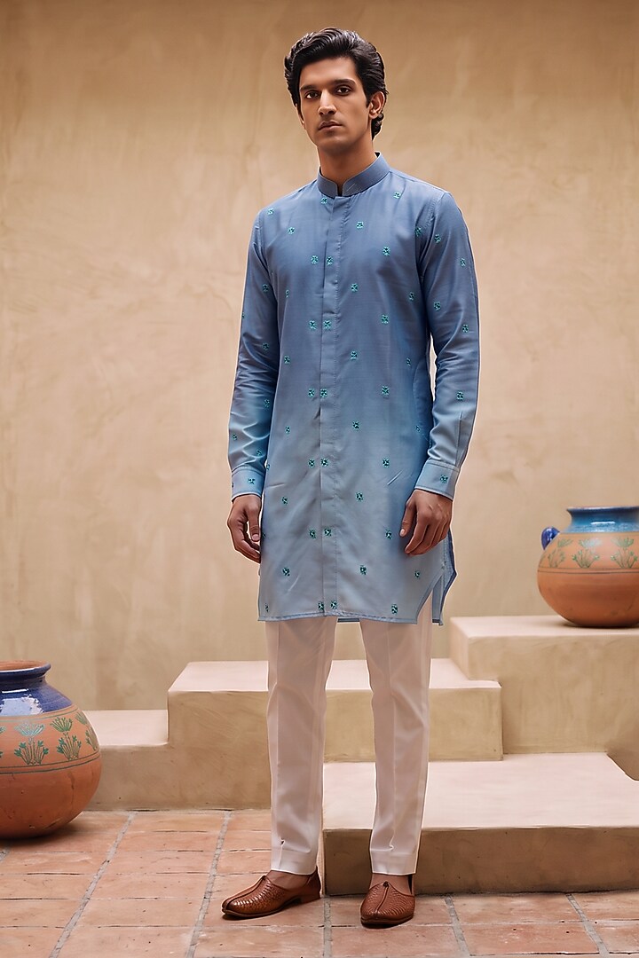 Dark Blue Ombre Linen Motifs Embroidered Kurta by Eleven Brothers at Pernia's Pop Up Shop