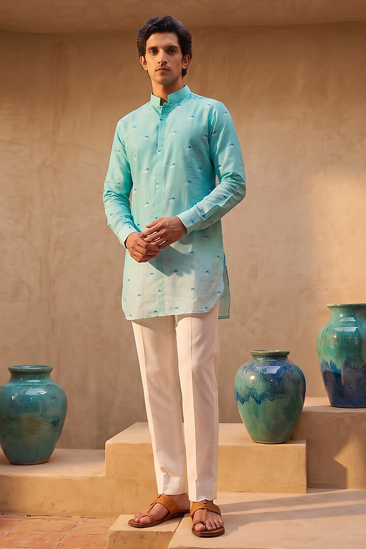 Light Blue Ombre Linen Motifs Embroidered Kurta by Eleven Brothers at Pernia's Pop Up Shop