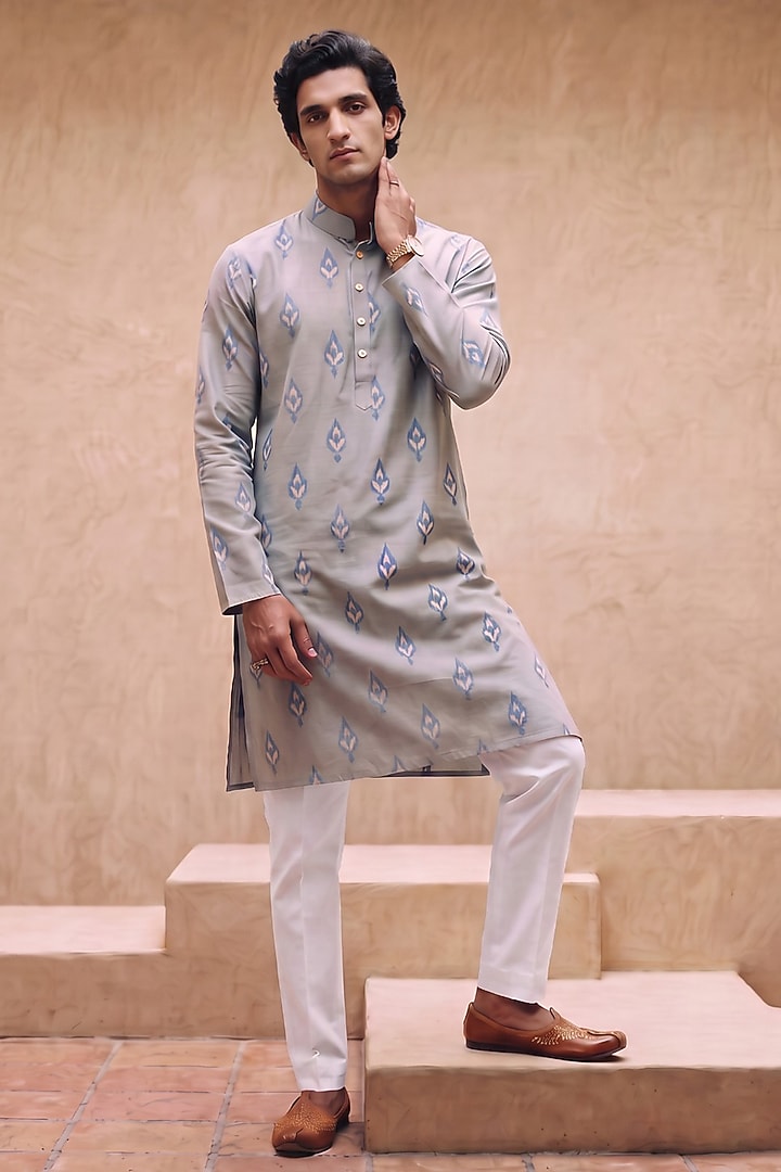 Blue Silk Printed Kurta Set by Eleven Brothers at Pernia's Pop Up Shop