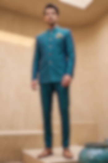 Dark Green Silk Printed Bandhgala by Eleven Brothers at Pernia's Pop Up Shop