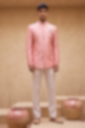 Pink Silk Printed Bandhgala by Eleven Brothers at Pernia's Pop Up Shop