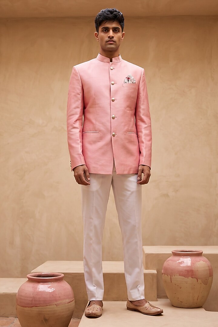 Pink Silk Printed Bandhgala by Eleven Brothers at Pernia's Pop Up Shop