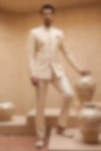 Beige Silk Printed Bandhgala by Eleven Brothers at Pernia's Pop Up Shop