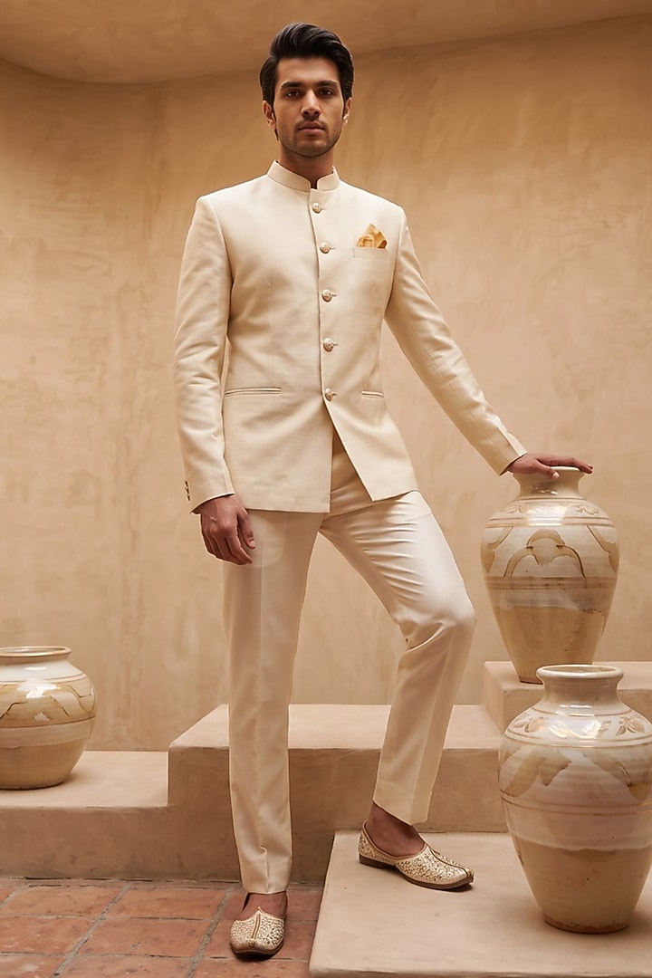 Beige Silk Printed Bandhgala by Eleven Brothers at Pernia's Pop Up Shop