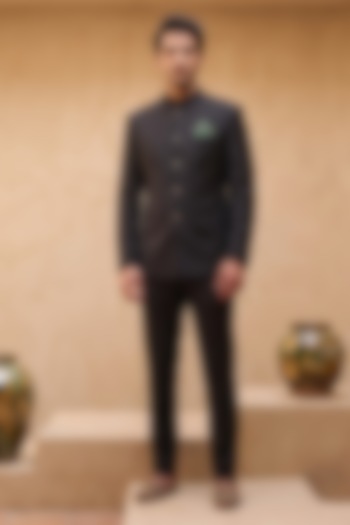 Black Silk Printed Bandhgala by Eleven Brothers at Pernia's Pop Up Shop