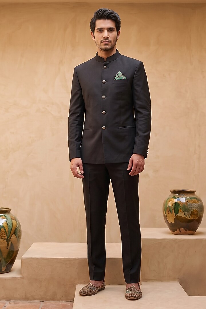 Black Silk Printed Bandhgala by Eleven Brothers at Pernia's Pop Up Shop