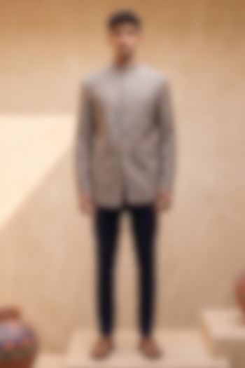 Grey Silk Printed Bandhgala by Eleven Brothers at Pernia's Pop Up Shop