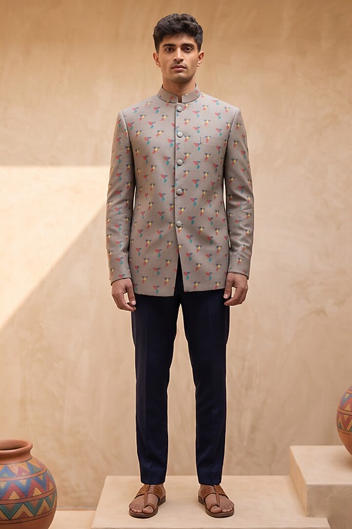 Grey Silk Printed Bandhgala by Eleven Brothers at Pernia's Pop Up Shop