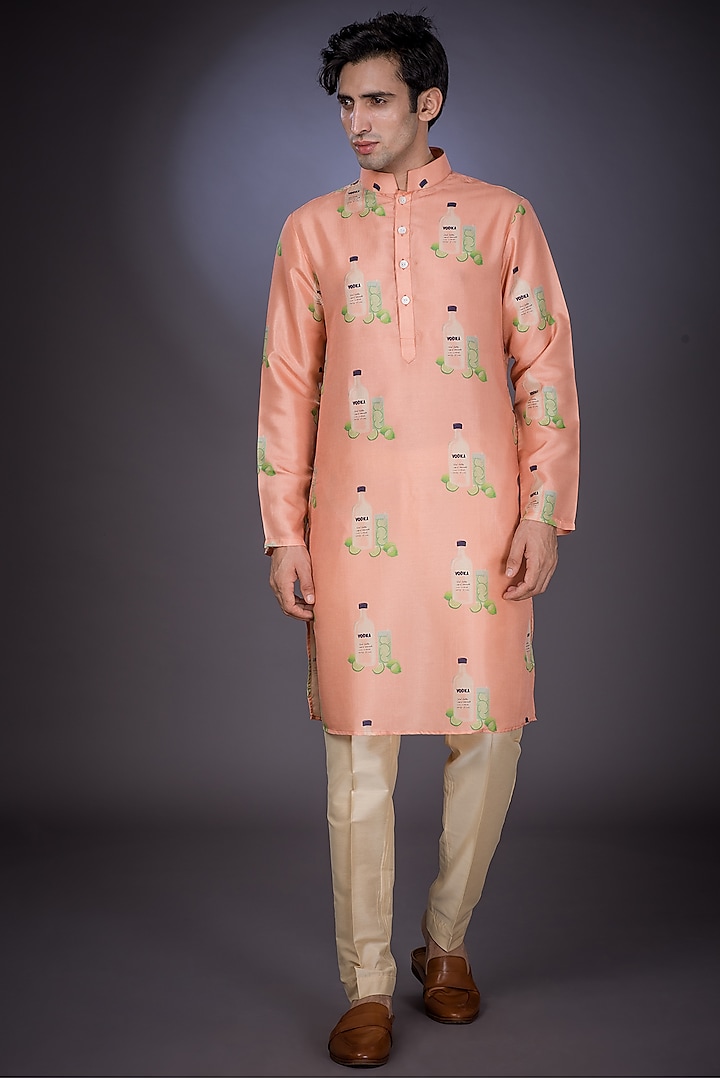Peach Printed Handcrafted Kurta Set by Eleven Brothers