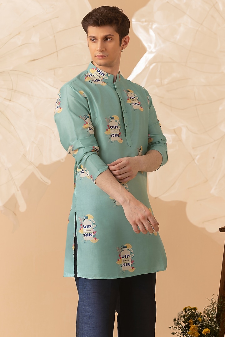 Green Silk Printed Handcrafted Kurta by Eleven Brothers at Pernia's Pop Up Shop