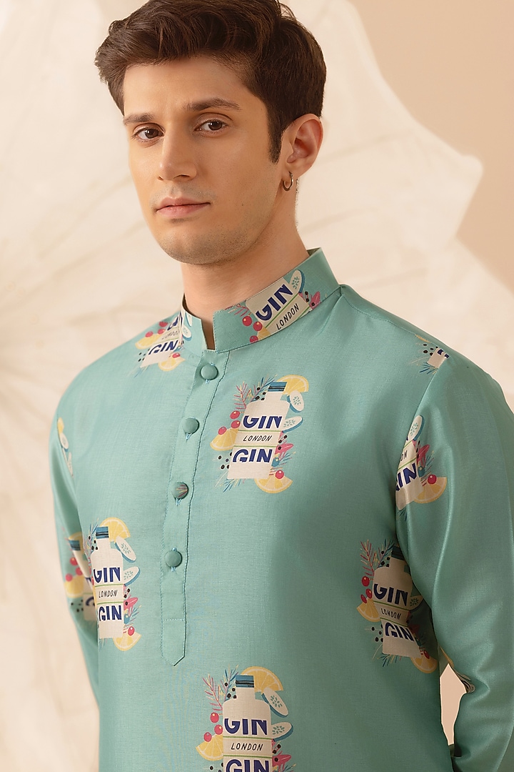 Green Silk Handcrafted Printed Kurta by Eleven Brothers at Pernia's Pop Up Shop