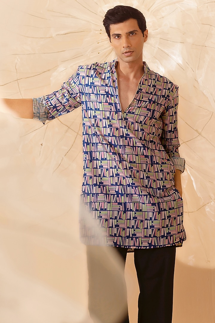 Blue Silk Printed Handcrafted Kurta by Eleven Brothers at Pernia's Pop Up Shop