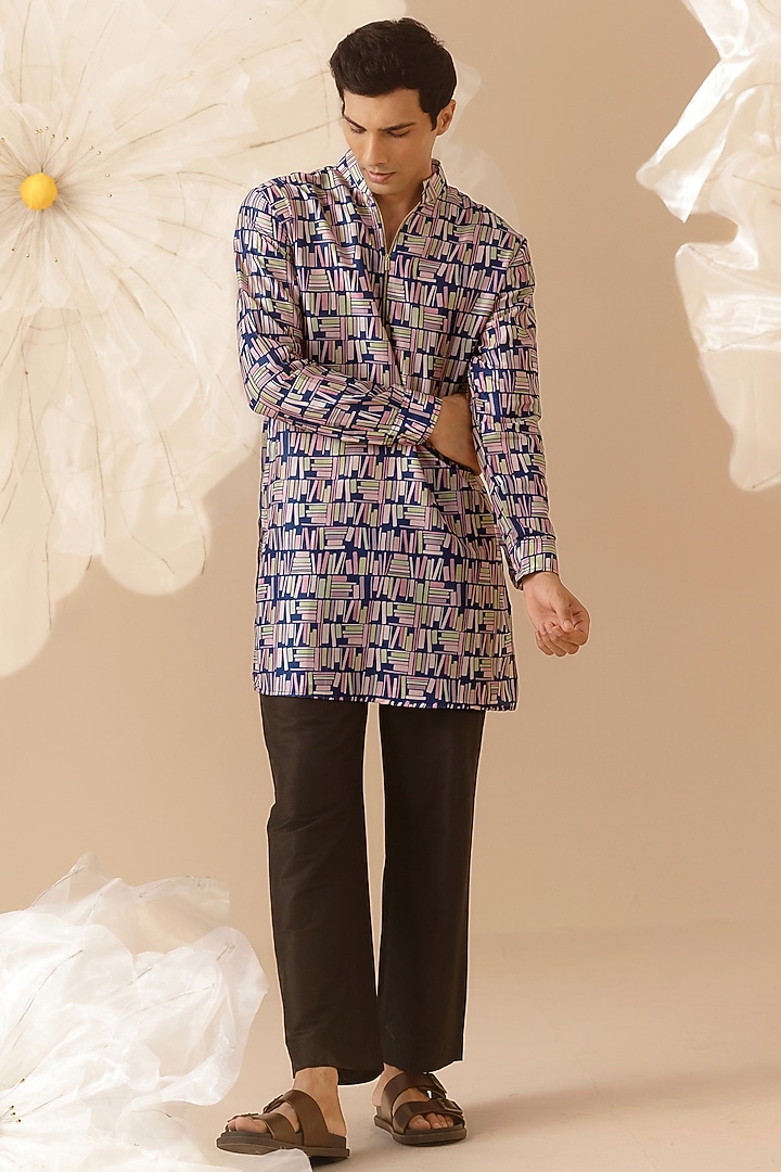 Blue Silk Handcrafted Printed Kurta by Eleven Brothers at Pernia's Pop Up Shop