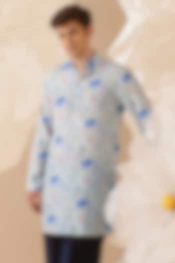 Blue Silk Printed Handcrafted Kurta by Eleven Brothers at Pernia's Pop Up Shop