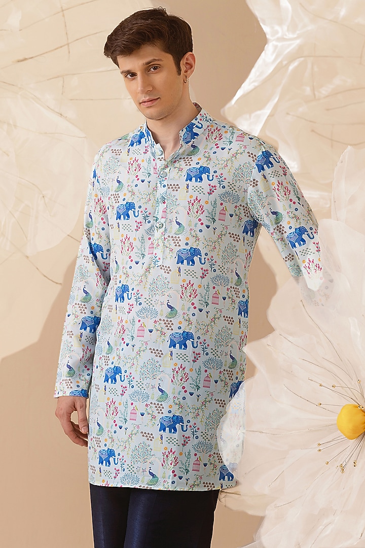 Blue Silk Printed Handcrafted Kurta by Eleven Brothers at Pernia's Pop Up Shop