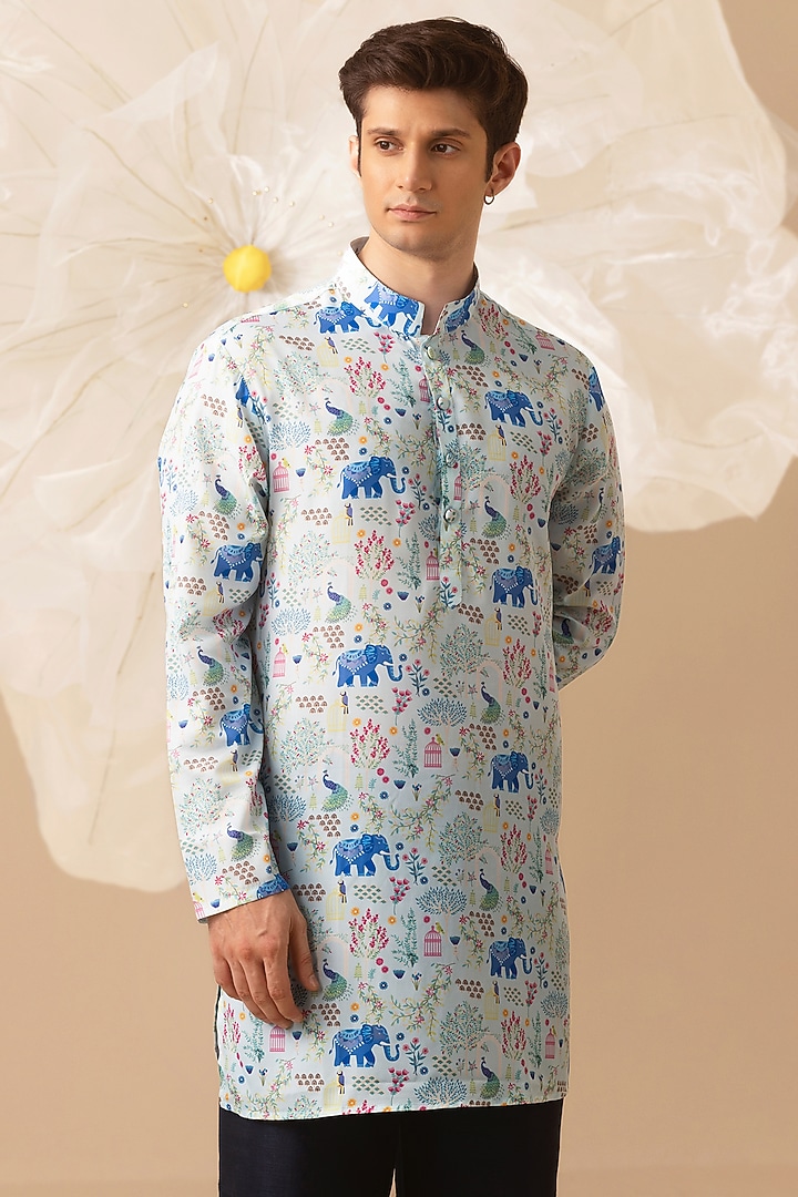 Blue Silk Printed Handcrafted Kurta by Eleven Brothers at Pernia's Pop Up Shop
