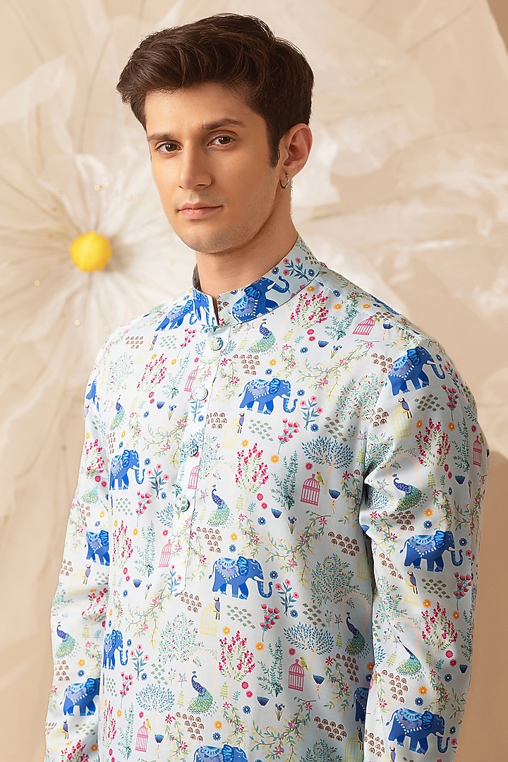 Blue Silk Printed Handcrafted Kurta by Eleven Brothers at Pernia's Pop Up Shop