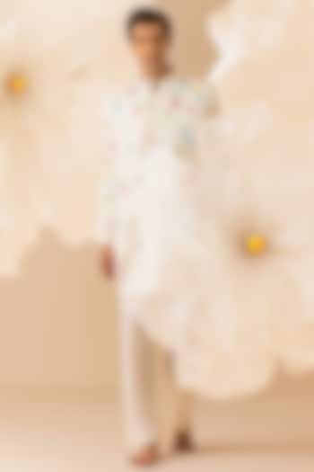 Off-White Silk Mirror Embroidered Nehru Jacket Set by Eleven Brothers at Pernia's Pop Up Shop