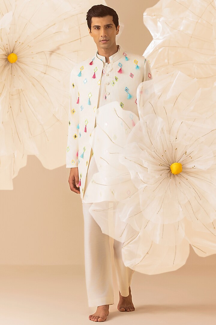 Off-White Silk Mirror Embroidered Nehru Jacket Set by Eleven Brothers at Pernia's Pop Up Shop