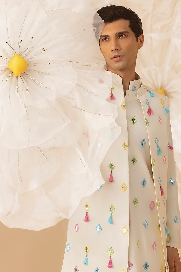 Off-White Silk Mirror Embroidered Nehru Jacket Set by Eleven Brothers at Pernia's Pop Up Shop