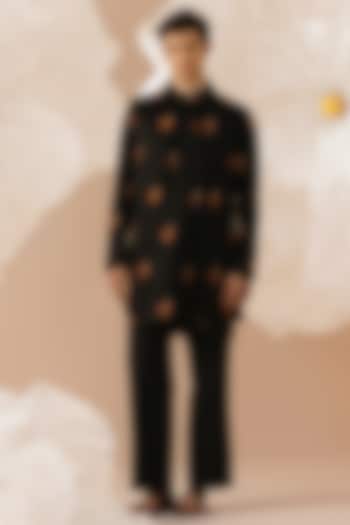 Black Silk Hand Embroidered Nehru Jacket Set by Eleven Brothers at Pernia's Pop Up Shop