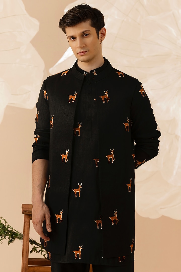 Black Silk Hand Embroidered Nehru Jacket Set by Eleven Brothers at Pernia's Pop Up Shop