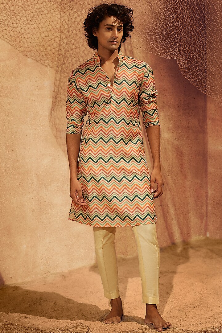 Beige Silk Printed Handcrafted Kurta Set by Eleven Brothers