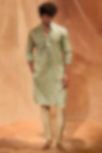 Light Green Silk Printed Handcrafted Kurta Set by Eleven Brothers