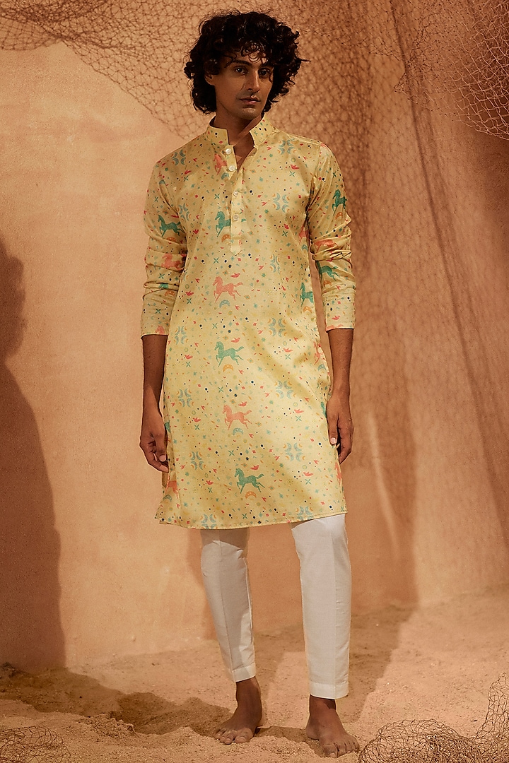 Lime Yellow Silk Printed Handcrafted Kurta Set by Eleven Brothers