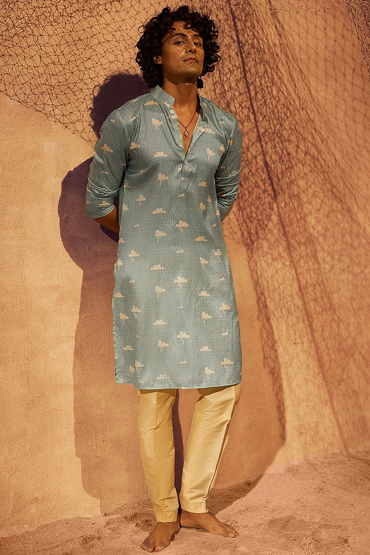 Light Blue Silk Clouds Printed Handcrafted Kurta Set by Eleven Brothers