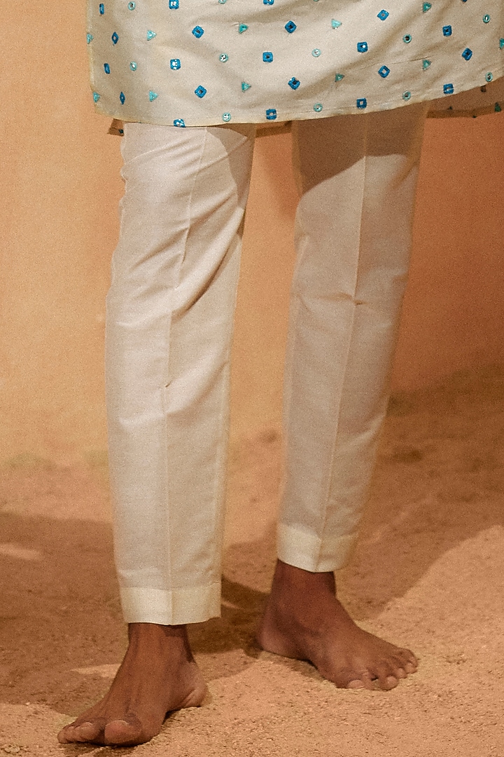 Beige Silk Foil Mirror Work Handcrafted Kurta Set by Eleven Brothers at Pernia's Pop Up Shop