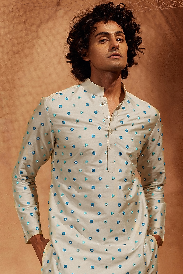 Beige Silk Foil Mirror Work Handcrafted Kurta Set by Eleven Brothers at Pernia's Pop Up Shop