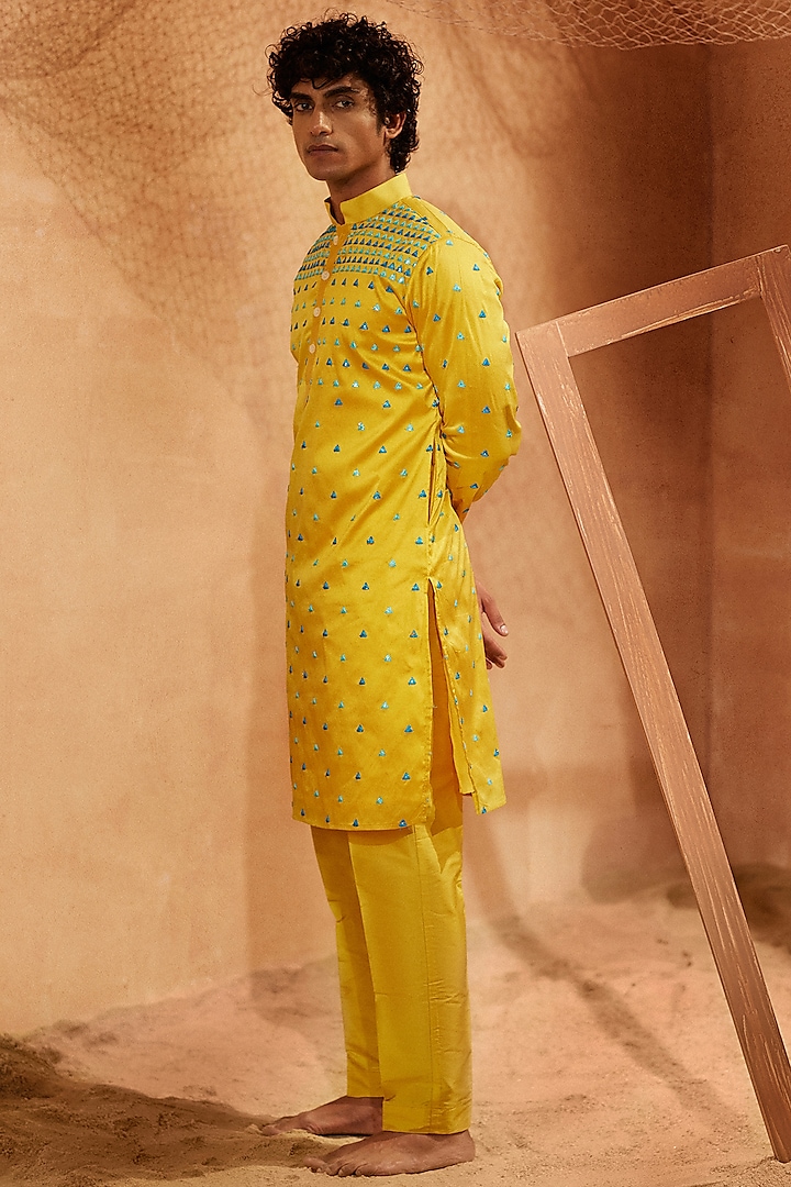 Yellow Silk Foil Mirror Embroidered Handcrafted Kurta Set by Eleven Brothers
